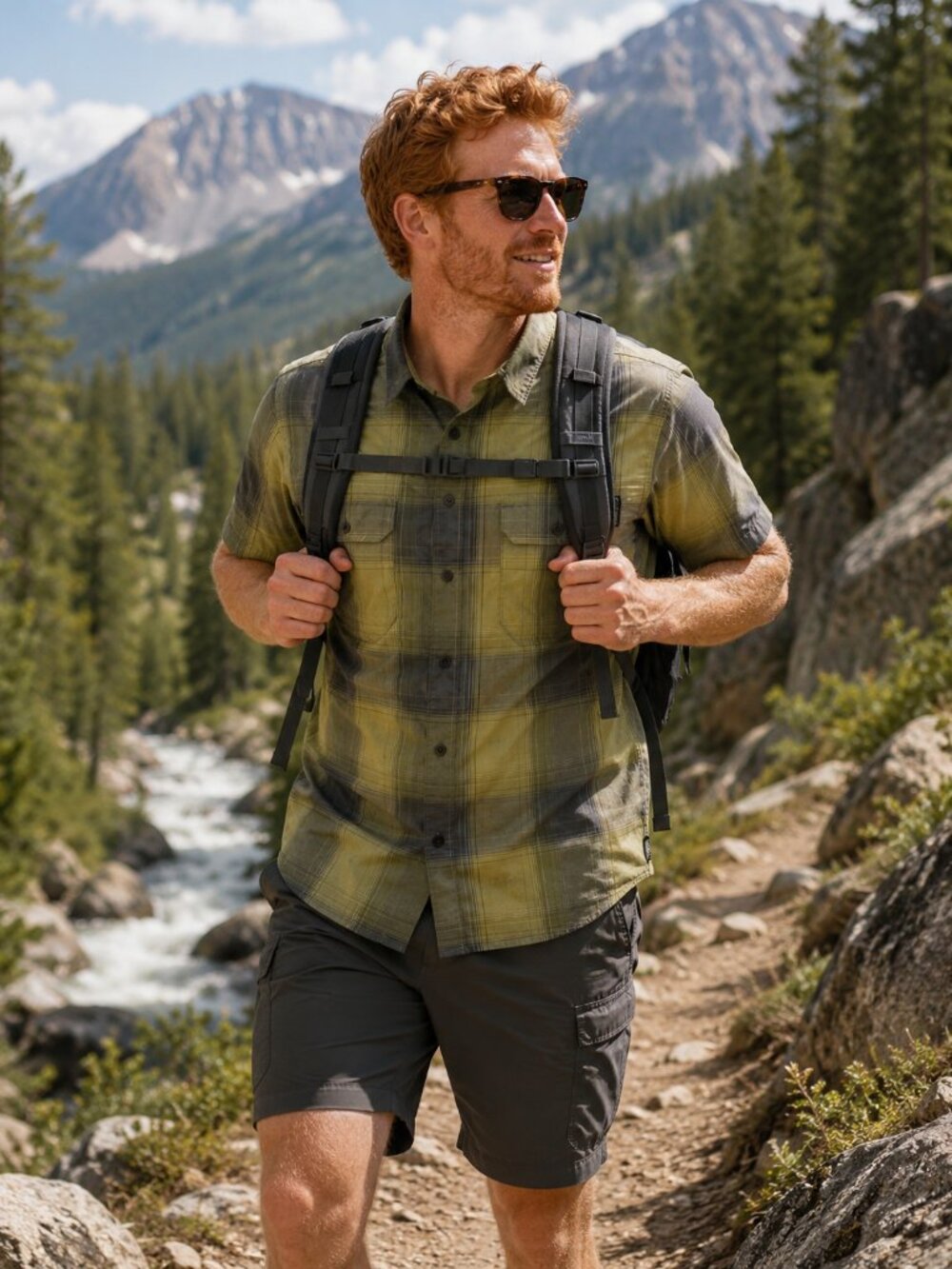 Kuhl Shirt Mens Large Green Plaid Short Sleeve Button Up Hiking Outdoor